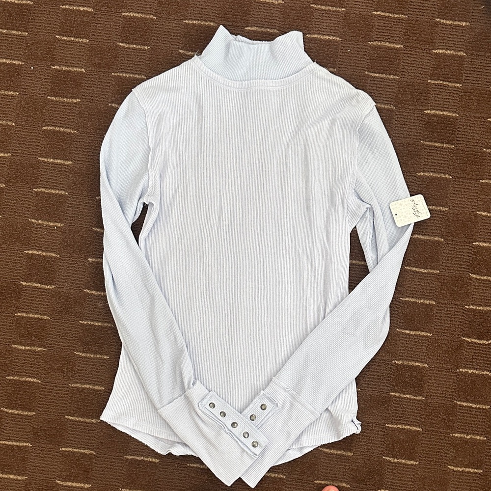 FREE PEOPLE-Light Blue Ribbed Mock Neck Long Sleeve Top